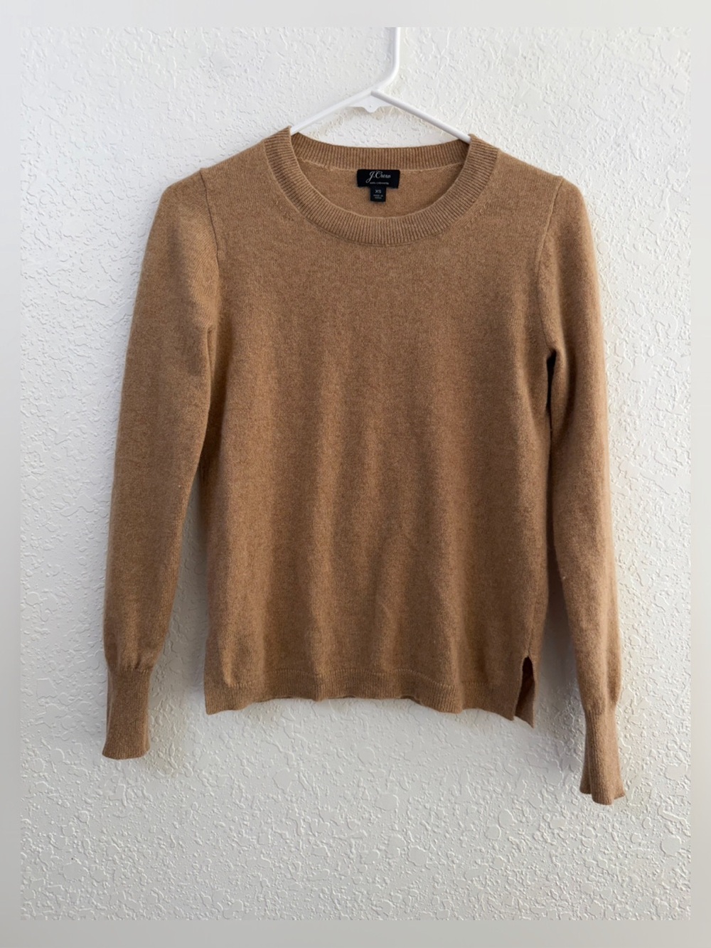 J. Crew Cashmere Tan/Camel Crewneck Sweater with Side Slits - XS